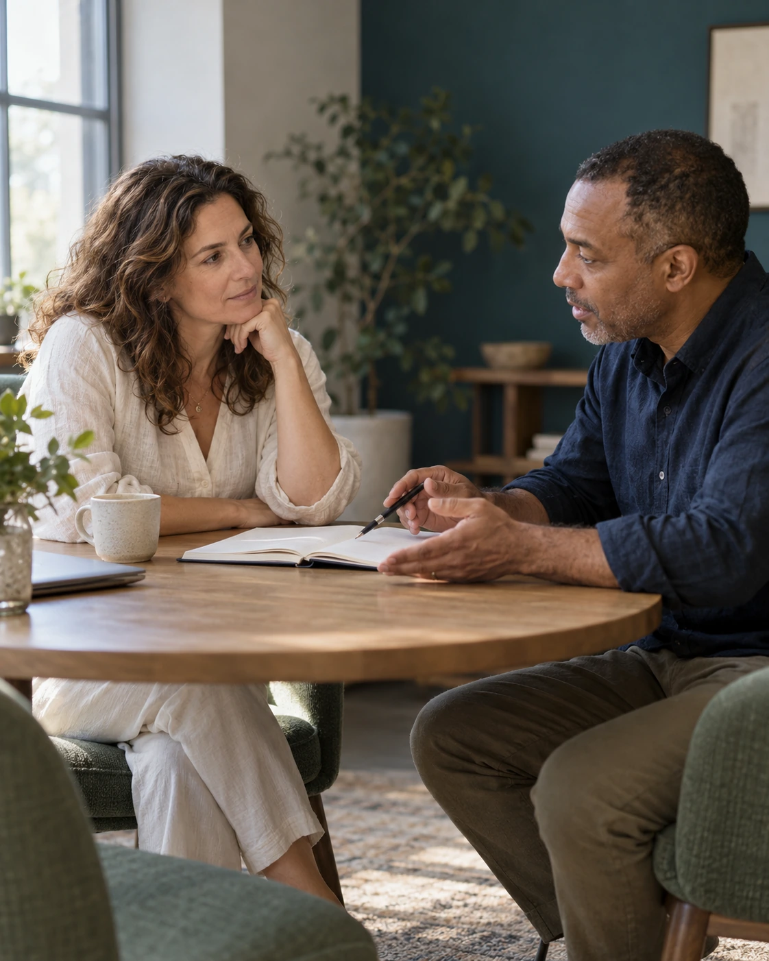 Illustrative coaching practice: two adults discussing an open workbook at a table in a daylit room.