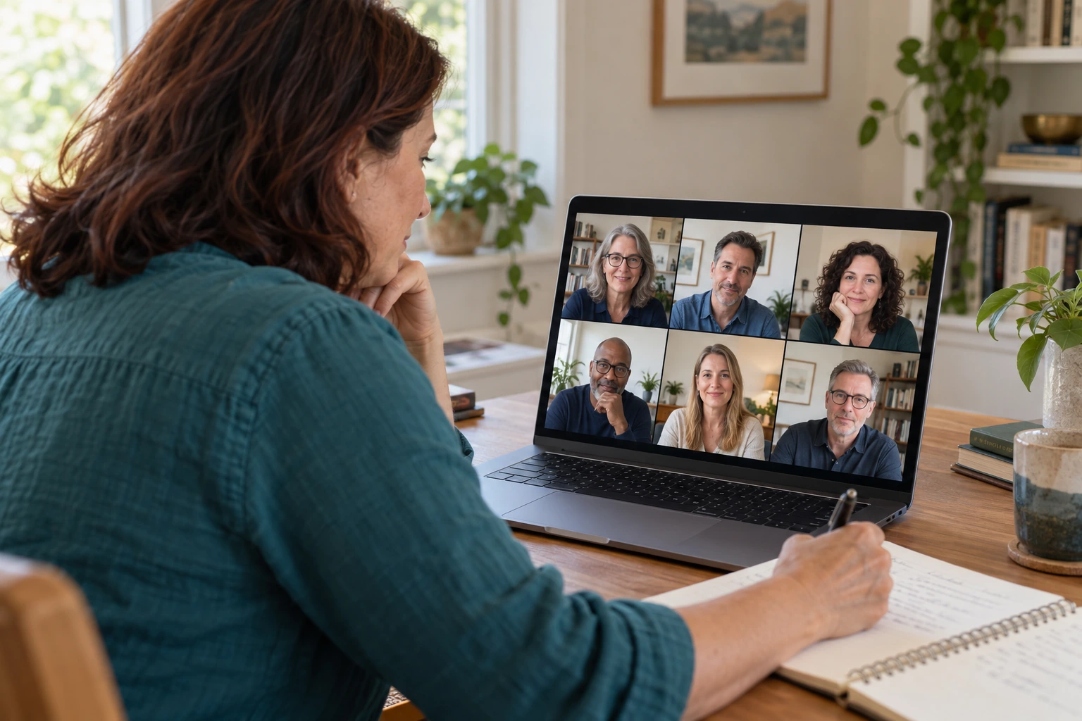 Illustrative online group training: a learner taking notes while six participants appear on a laptop video call.