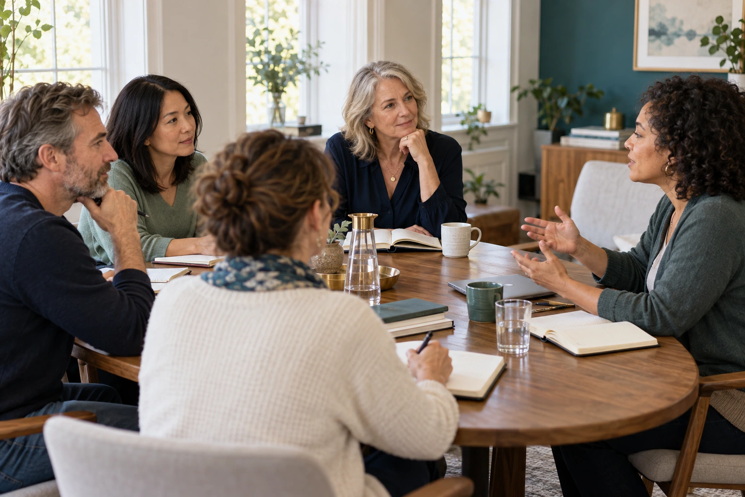 Illustrative in-person training: five adults participating in a small coaching workshop around a table.