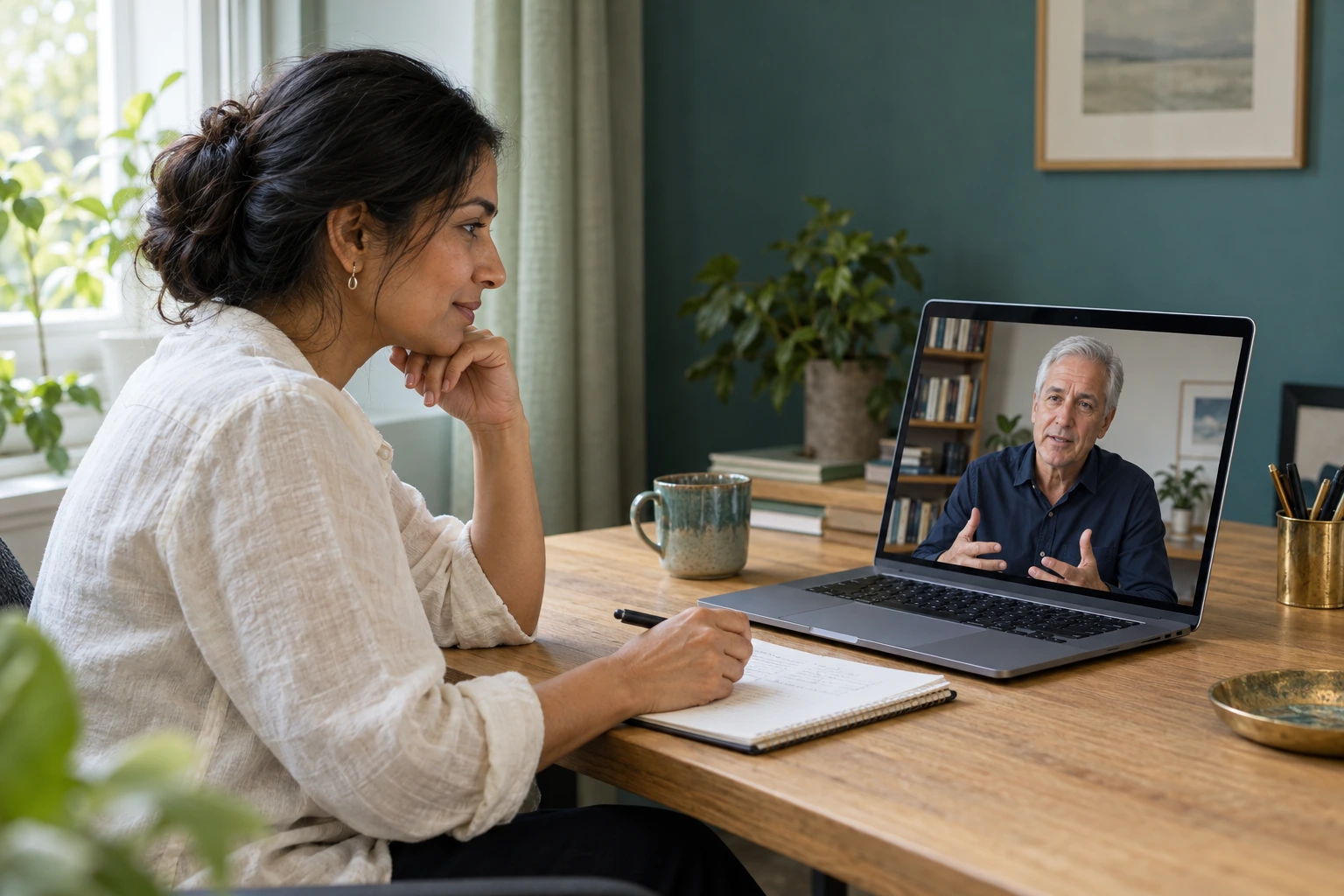 Illustrative private online training: a learner receiving individual instruction from a coach on her laptop.