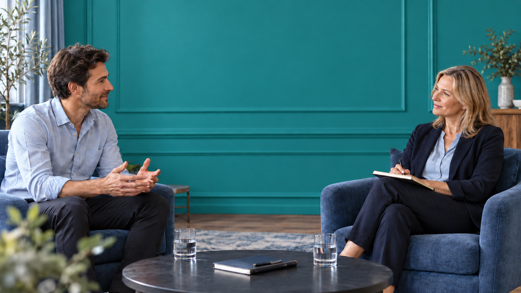 Two adults engaged in a coaching conversation in a room with a daylit deep-teal paneled wall.