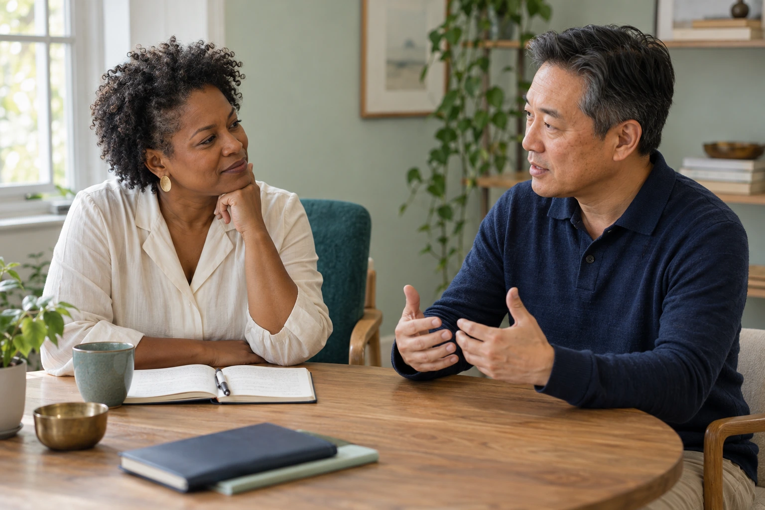 Illustrative coaching practice: two adults listening and discussing ideas across a table with an open notebook.